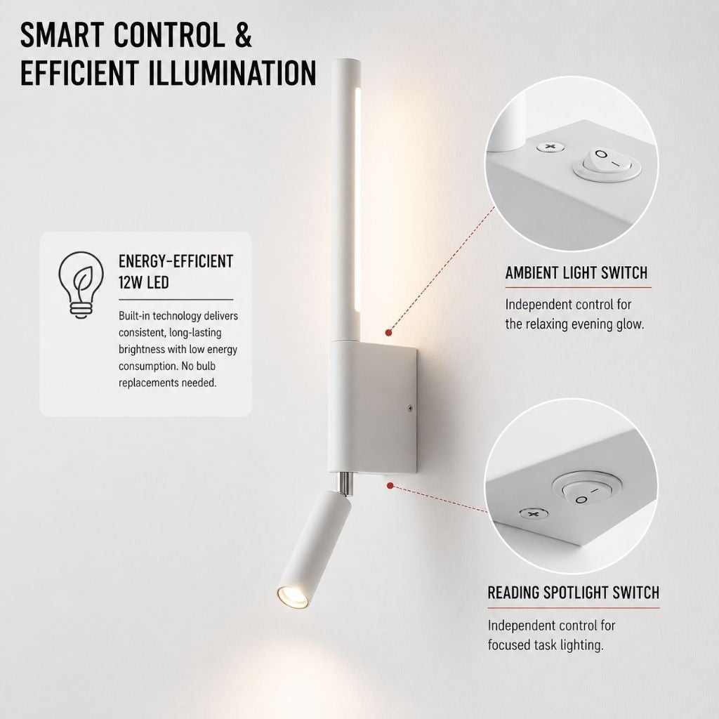 Dual-Function Wall Sconce with Swivel Reading Light for Bedroom & Nightstand | Modern LED Task Lamp | 12W Aluminum Fixture | Thomler