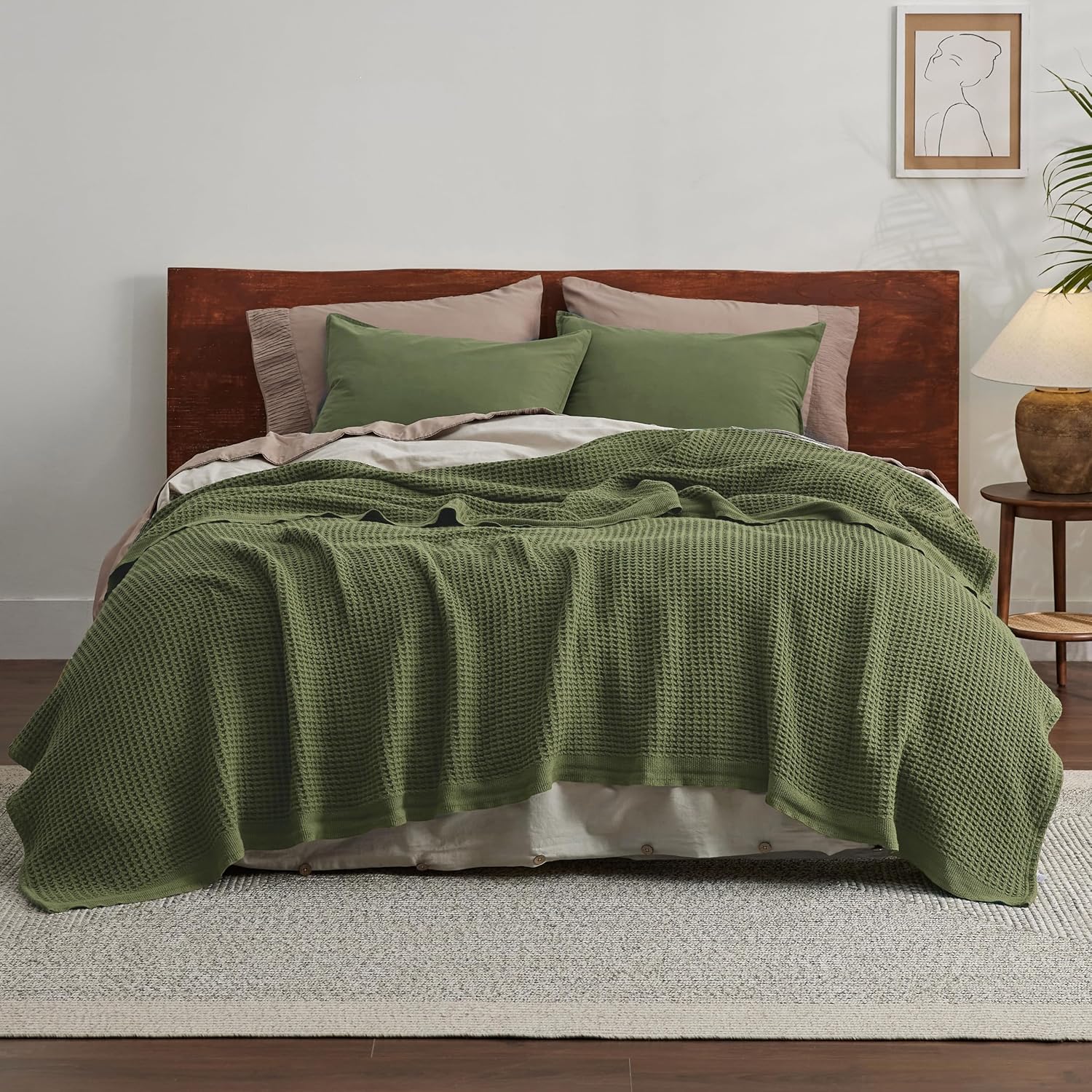 100% Cotton Waffle Weave Throw Blanket Queen King Breathable Lightweight Bed Cover for All Seasons Couch Sofa Bedroom Layering Textured | Thomler