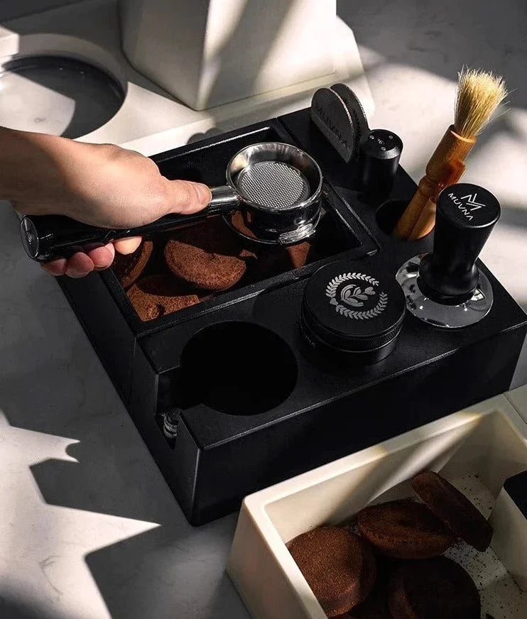 Espresso Tamping Mat with Integrated Knock Box for Home Baristas – Adjustable Portafilter Rest & Grounds Container | Thomler