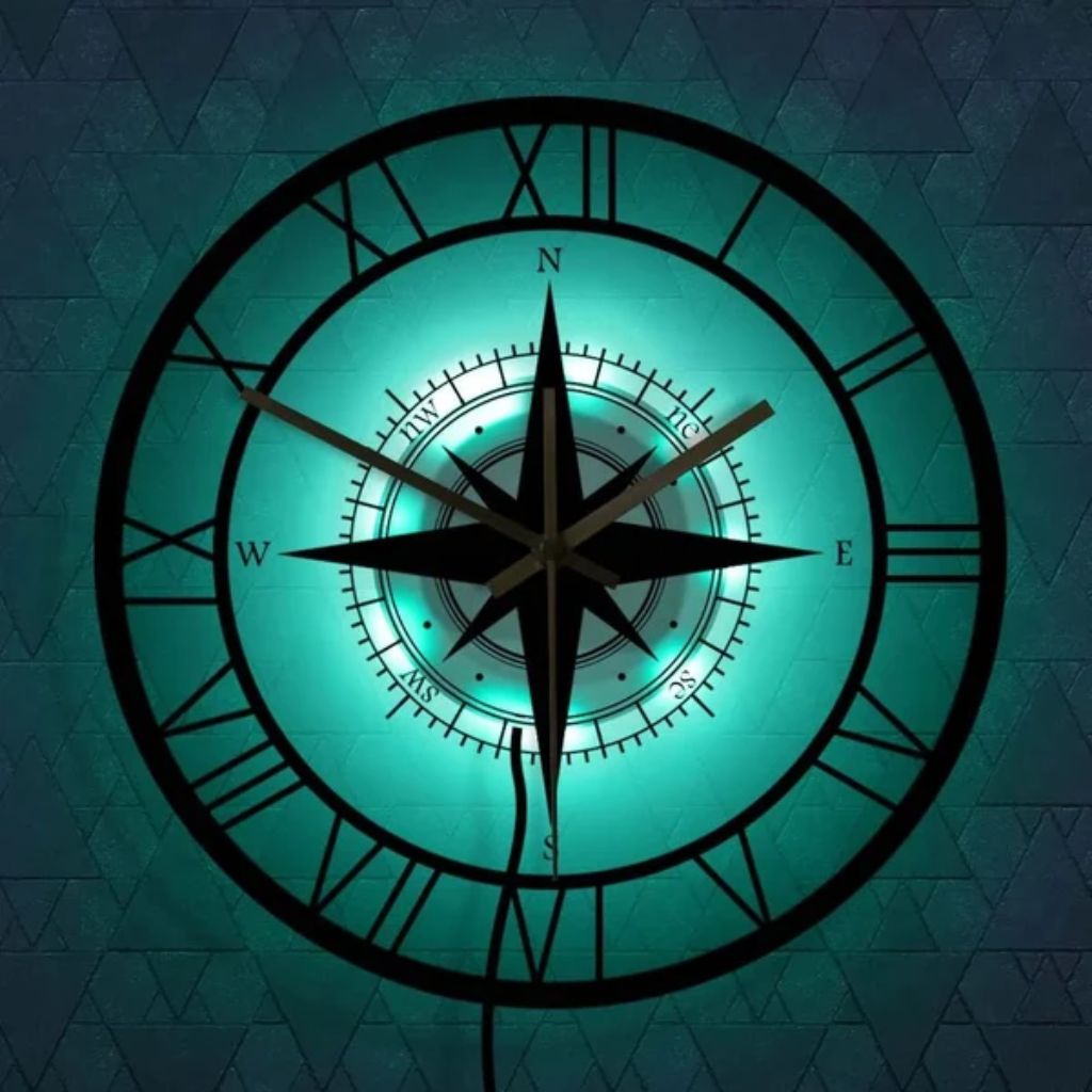 Silent Wall Clock with Wind Rose Design for Home – 12 Inch Round Modern Timepiece – Coastal Decor for Living Room, Kitchen, Study | Thomler