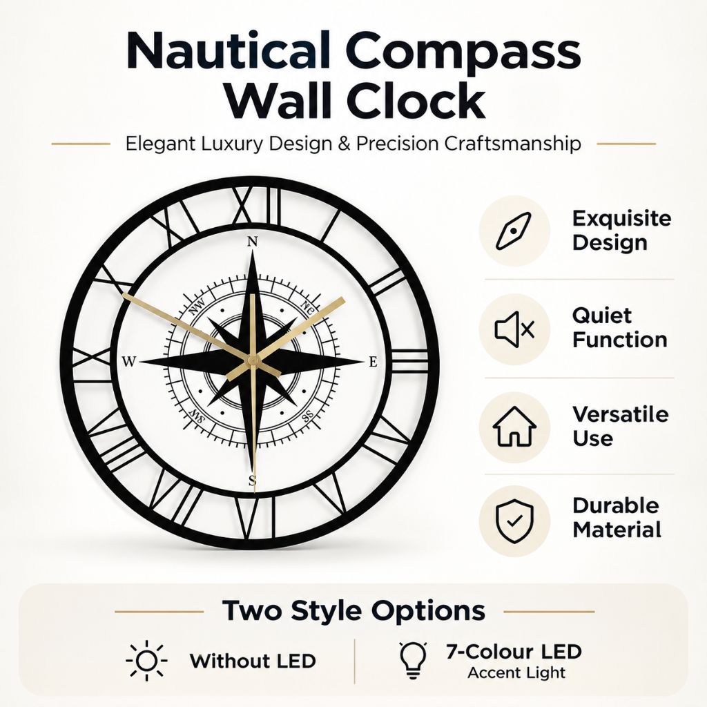 Silent Wall Clock with Wind Rose Design for Home – 12 Inch Round Modern Timepiece – Coastal Decor for Living Room, Kitchen, Study | Thomler