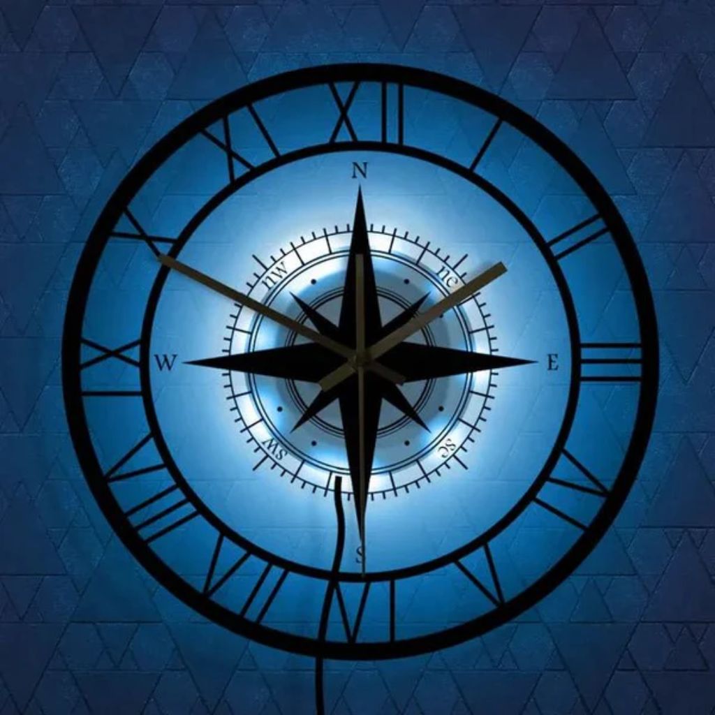 Silent Wall Clock with Wind Rose Design for Home – 12 Inch Round Modern Timepiece – Coastal Decor for Living Room, Kitchen, Study | Thomler