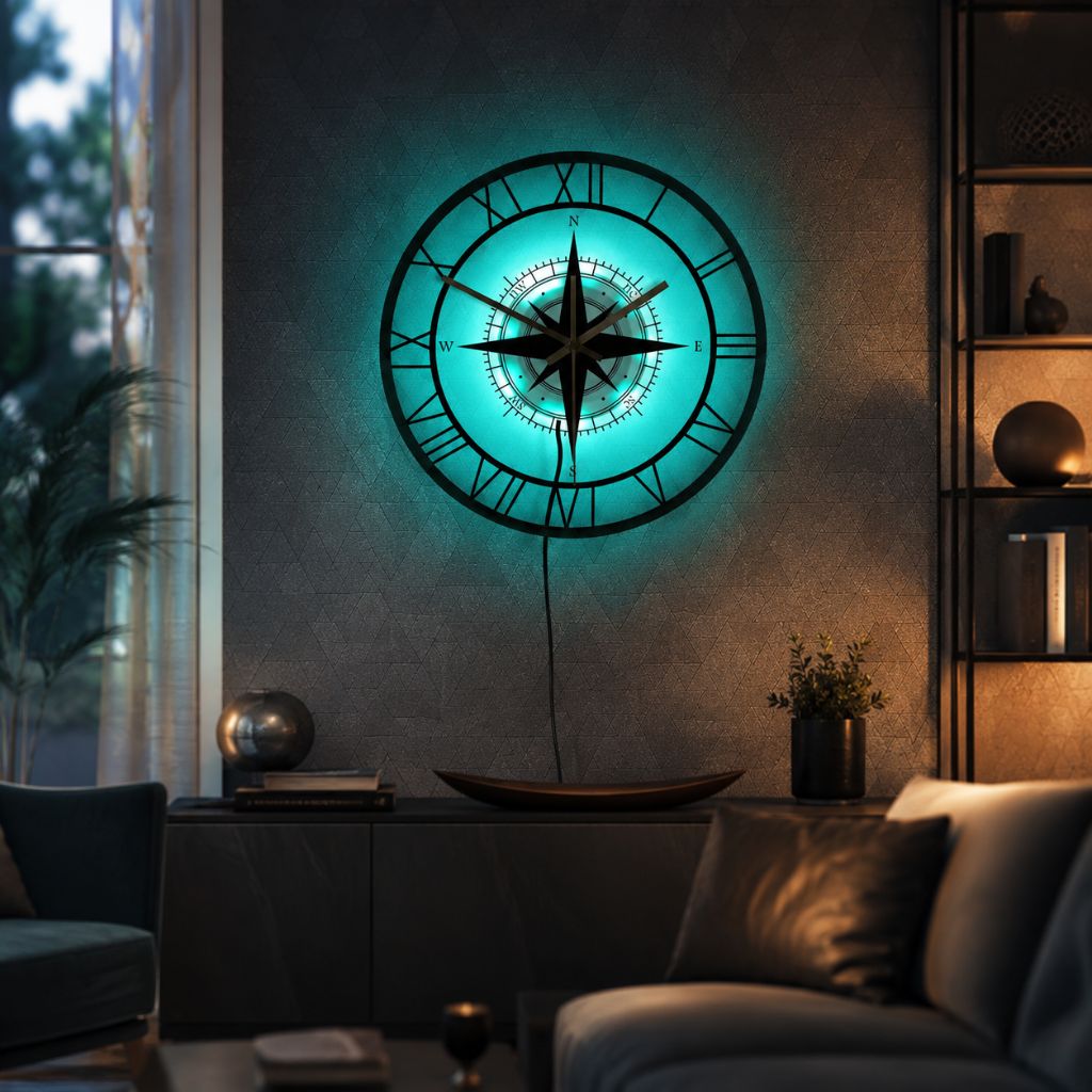 Silent Wall Clock with Wind Rose Design for Home – 12 Inch Round Modern Timepiece – Coastal Decor for Living Room, Kitchen, Study | Thomler
