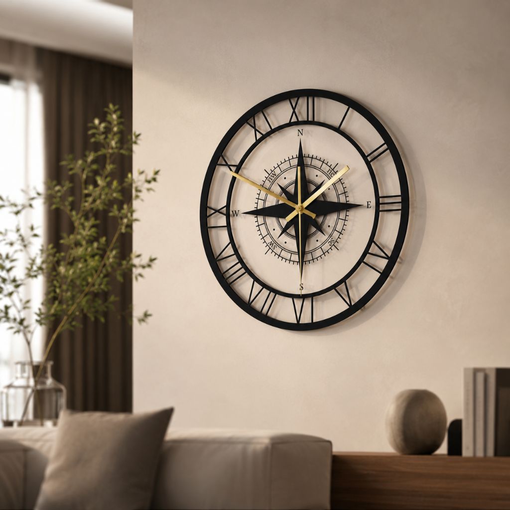 Silent Wall Clock with Wind Rose Design for Home – 12 Inch Round Modern Timepiece – Coastal Decor for Living Room, Kitchen, Study | Thomler