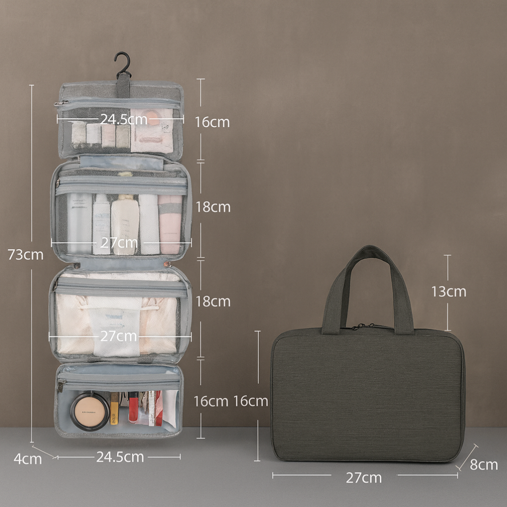 Compact Roll-Up Travel Toiletry Organizer with Hook & Clear Compartments for Bathroom Essentials | Thomler