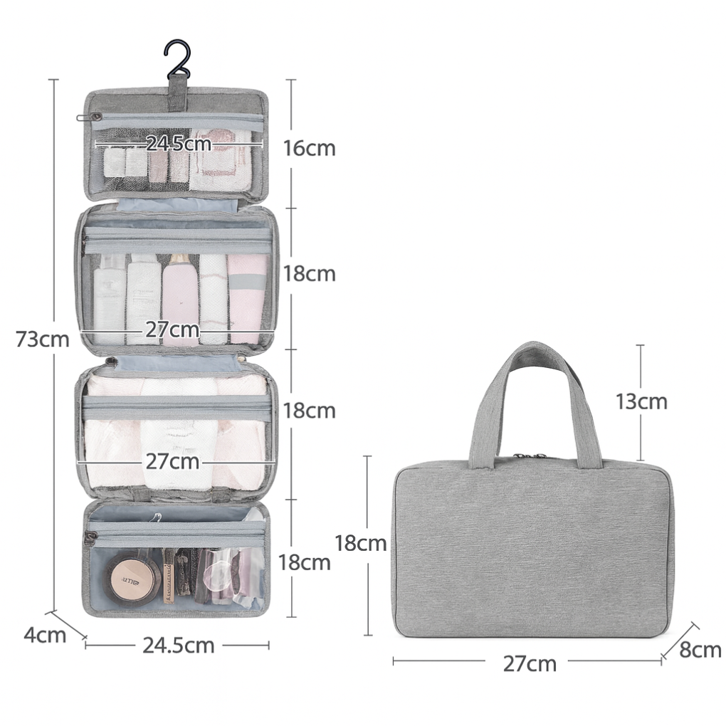 Compact Roll-Up Travel Toiletry Organizer with Hook & Clear Compartments for Bathroom Essentials | Thomler