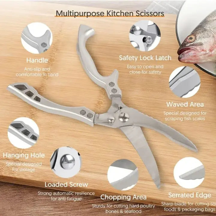Heavy-Duty Kitchen Shears with Fish Scaler & Safety Lock – Ultra-Sharp Stainless Steel Poultry Scissors for Meat, Chicken, Vegetables & | Thomler