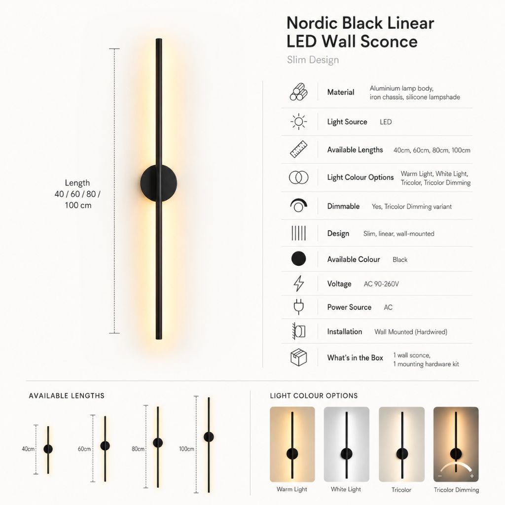 Elongated LED Wall Light Strip Black Aluminum Hardwired Sconce for Bedroom Living Room TV Accent Modern Minimalist | Thomler
