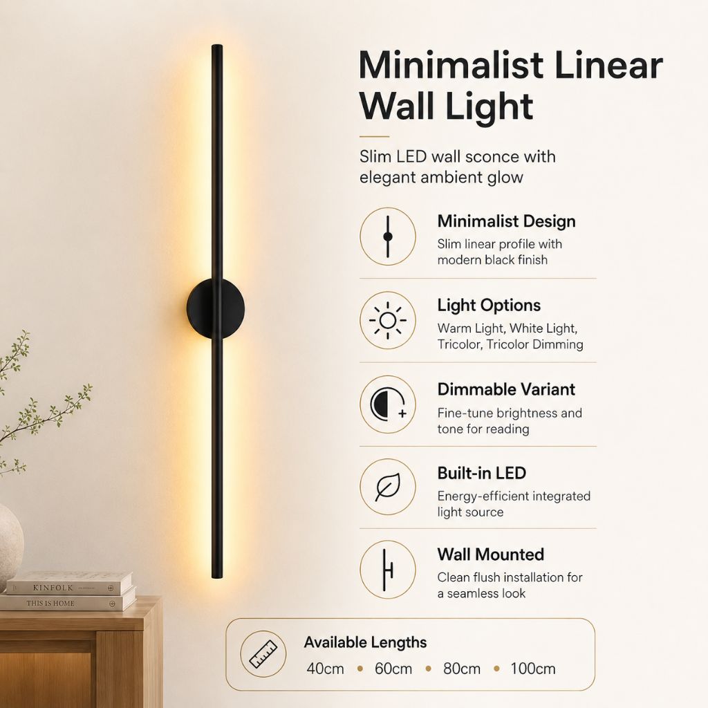 Elongated LED Wall Light Strip Black Aluminum Hardwired Sconce for Bedroom Living Room TV Accent Modern Minimalist | Thomler
