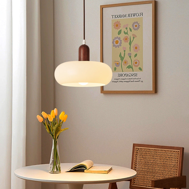 Pendant Light Ceiling Fixture with Cream Shade and Wood Accent for Dining Room, Kitchen Island, Bar Area & Living Space | Thomler