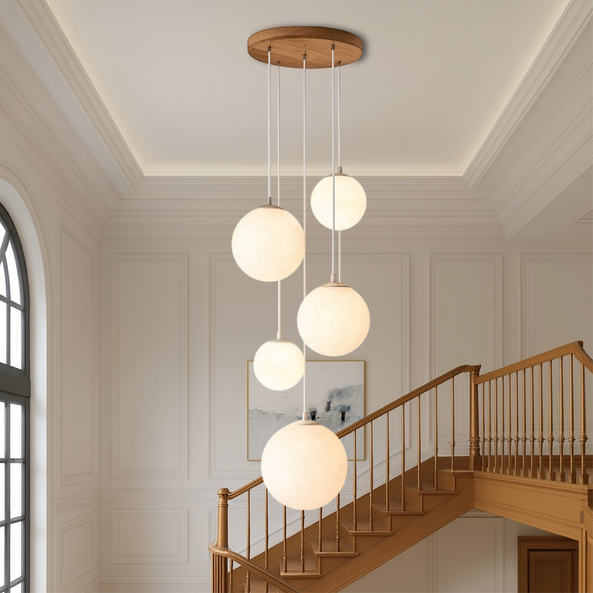 Cascading Glass Globe Pendant Light – 5-Tier Chandelier for Stairwell & High Ceiling | Modern Sphere LED Fixture | Thomler
