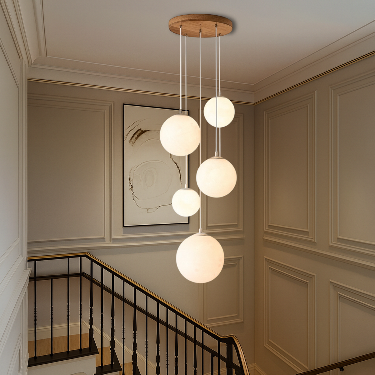 Cascading Glass Globe Pendant Light – 5-Tier Chandelier for Stairwell & High Ceiling | Modern Sphere LED Fixture | Thomler