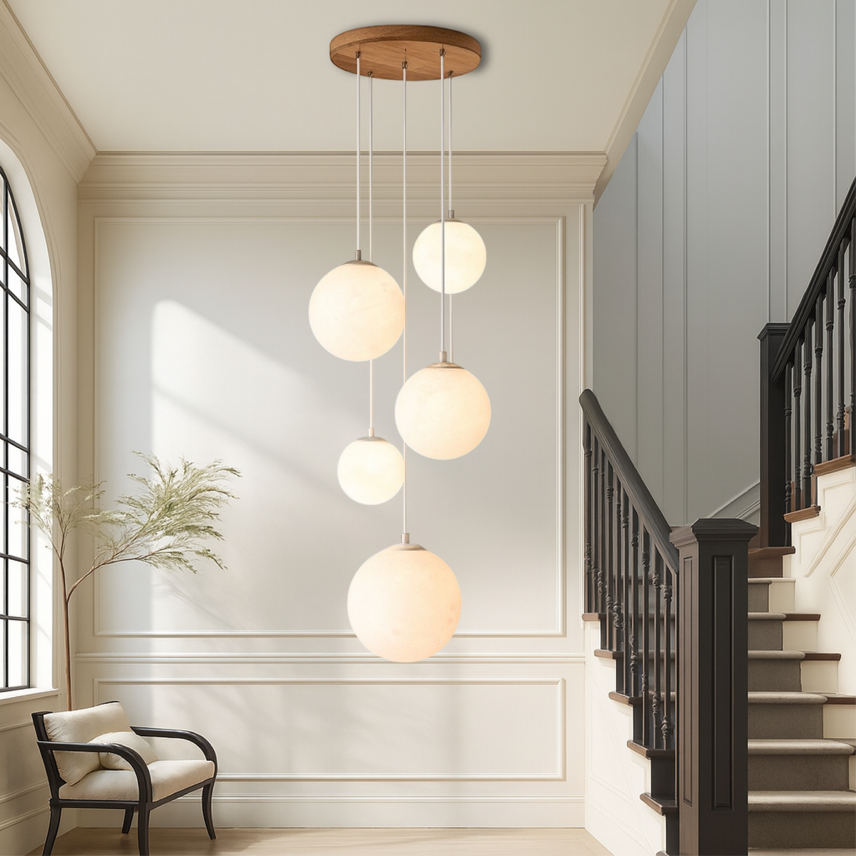 Cascading Glass Globe Pendant Light – 5-Tier Chandelier for Stairwell & High Ceiling | Modern Sphere LED Fixture | Thomler