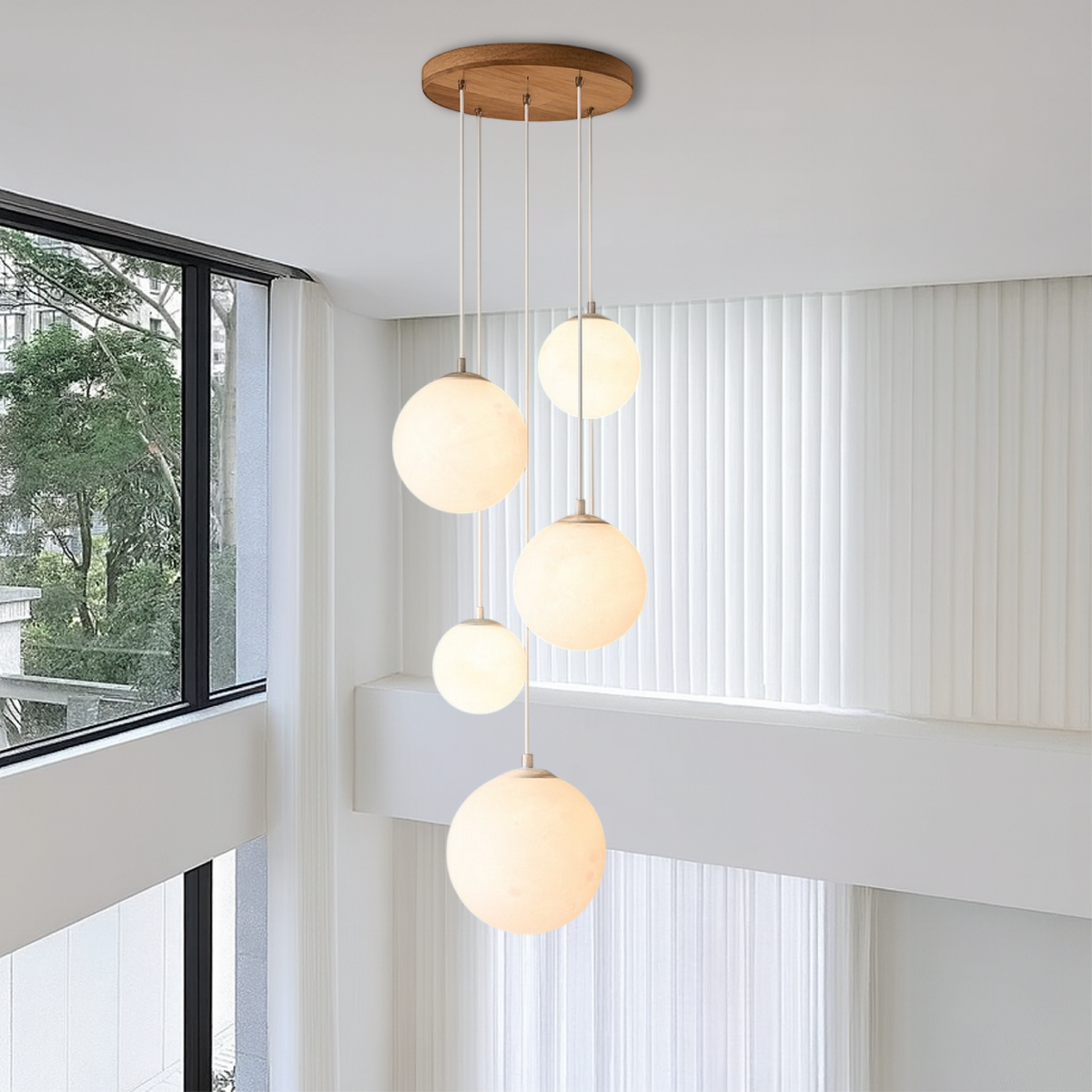 Cascading Glass Globe Pendant Light – 5-Tier Chandelier for Stairwell & High Ceiling | Modern Sphere LED Fixture | Thomler