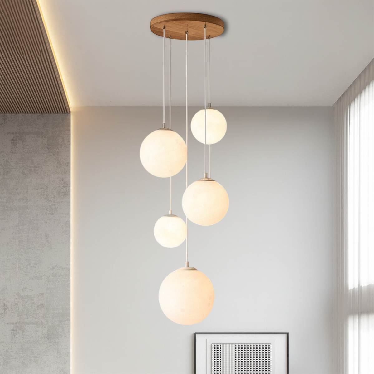 Cascading Glass Globe Pendant Light – 5-Tier Chandelier for Stairwell & High Ceiling | Modern Sphere LED Fixture | Thomler
