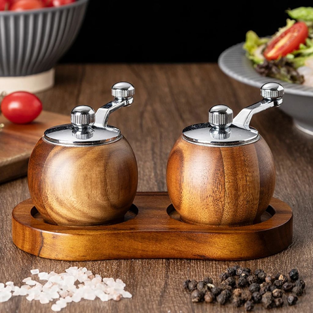 Wood Salt & Pepper Grinder Set with Stand Hand-Crank Mills for Kitchen Table Dining Countertop Seasoning Display | Thomler