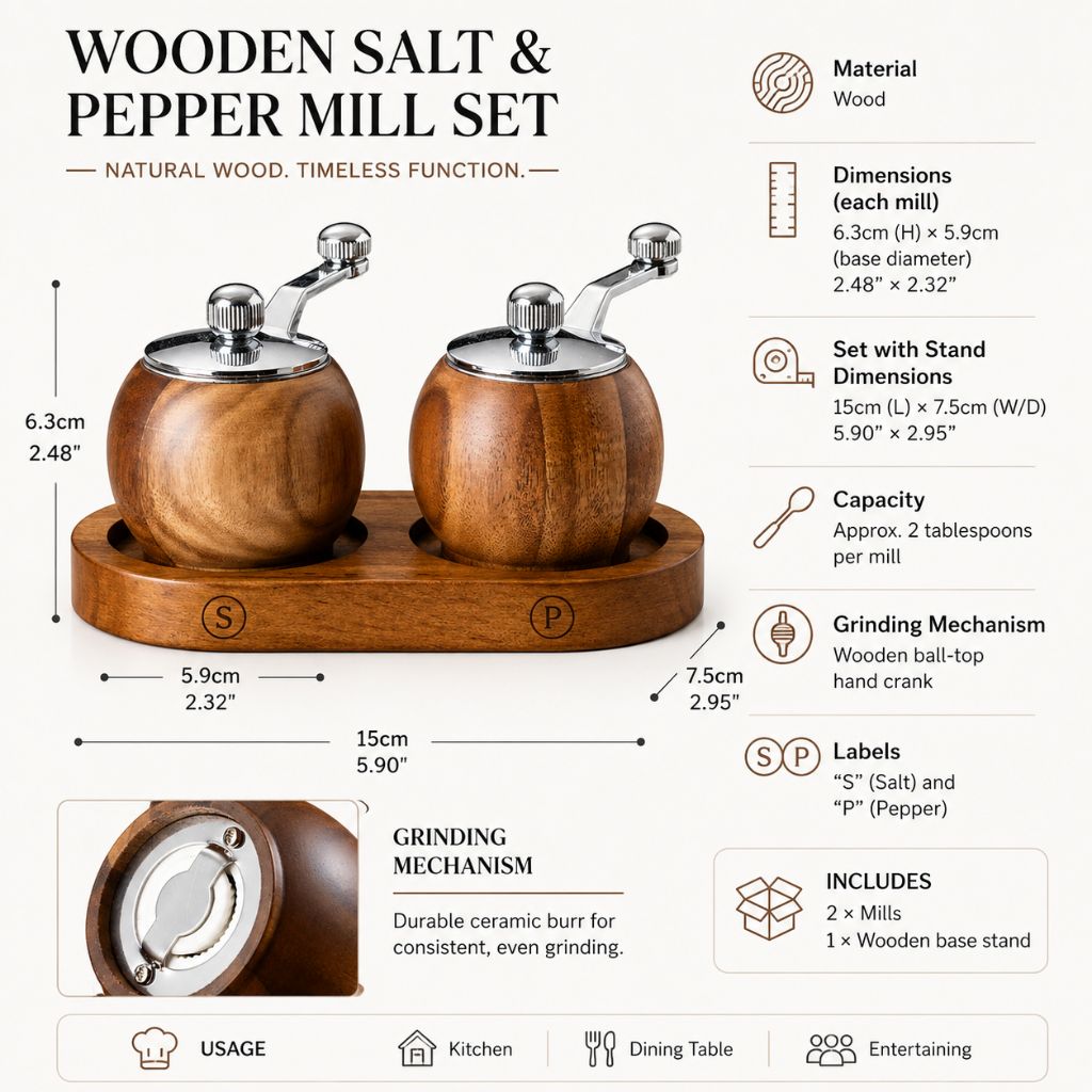 Wood Salt & Pepper Grinder Set with Stand Hand-Crank Mills for Kitchen Table Dining Countertop Seasoning Display | Thomler