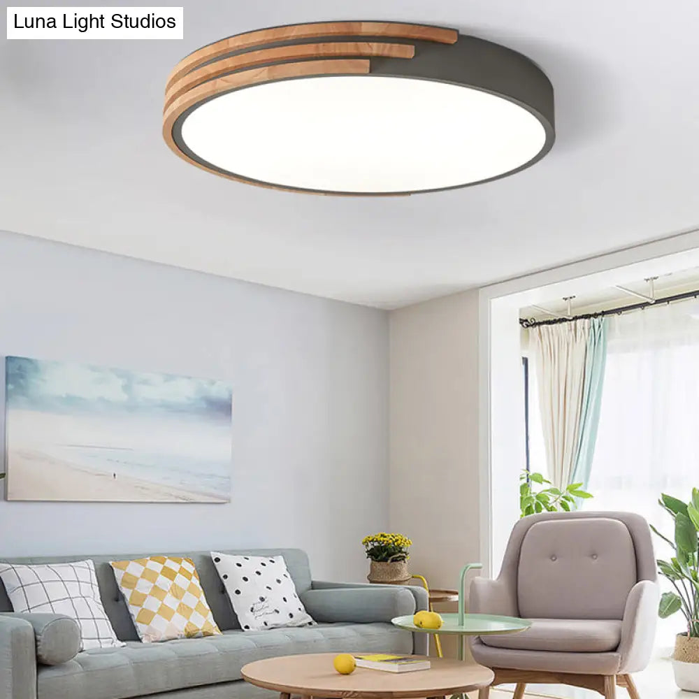 Circular Wood Ceiling Light Flush Mount 16 Inch | Low Profile Modern LED Fixture for Bedroom Living Room Dining Room | Slim 2 Inch Depth | Thomler