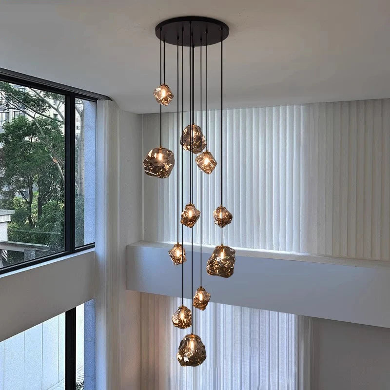 Modern Multi-Light Stairwell Chandelier with Remote – Dimmable LED Cluster Pendant for High Ceilings – Glass Globe Hanging Light | Thomler