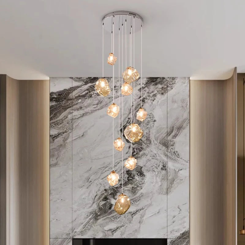 Modern Multi-Light Stairwell Chandelier with Remote – Dimmable LED Cluster Pendant for High Ceilings – Glass Globe Hanging Light | Thomler