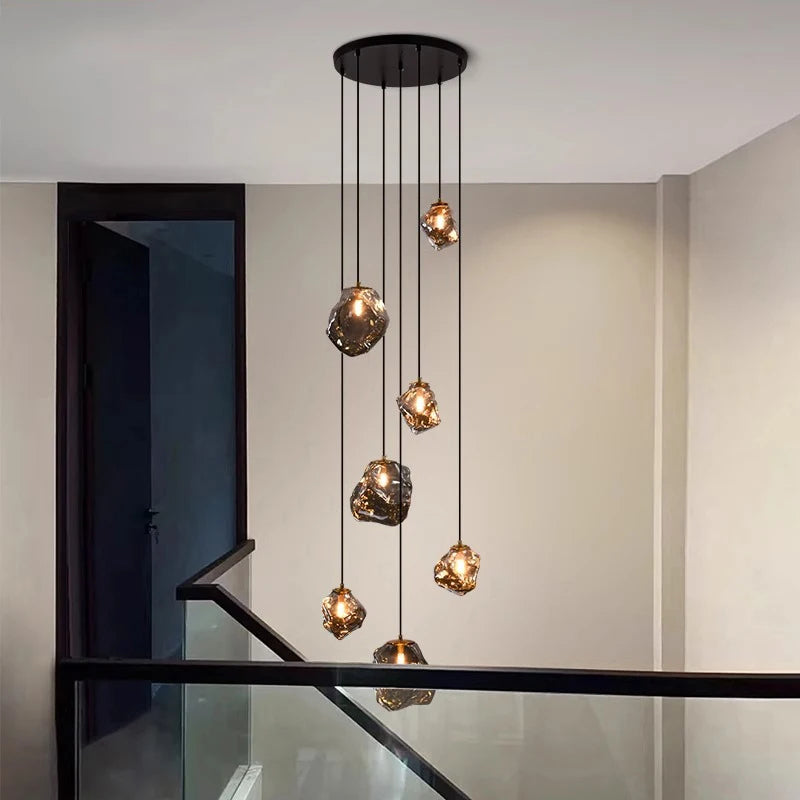 Modern Multi-Light Stairwell Chandelier with Remote – Dimmable LED Cluster Pendant for High Ceilings – Glass Globe Hanging Light | Thomler