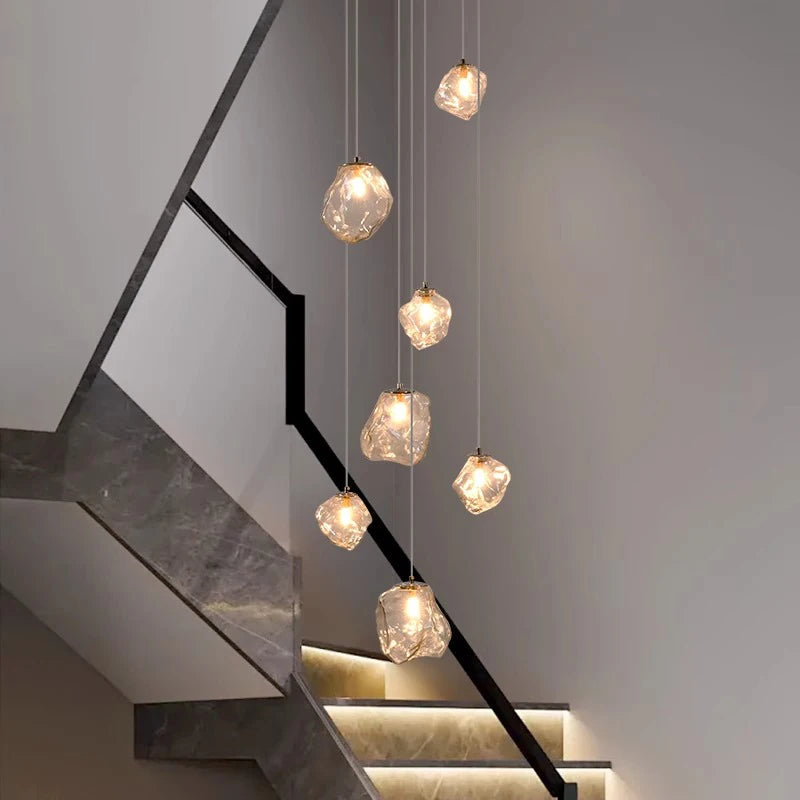 Modern Multi-Light Stairwell Chandelier with Remote – Dimmable LED Cluster Pendant for High Ceilings – Glass Globe Hanging Light | Thomler
