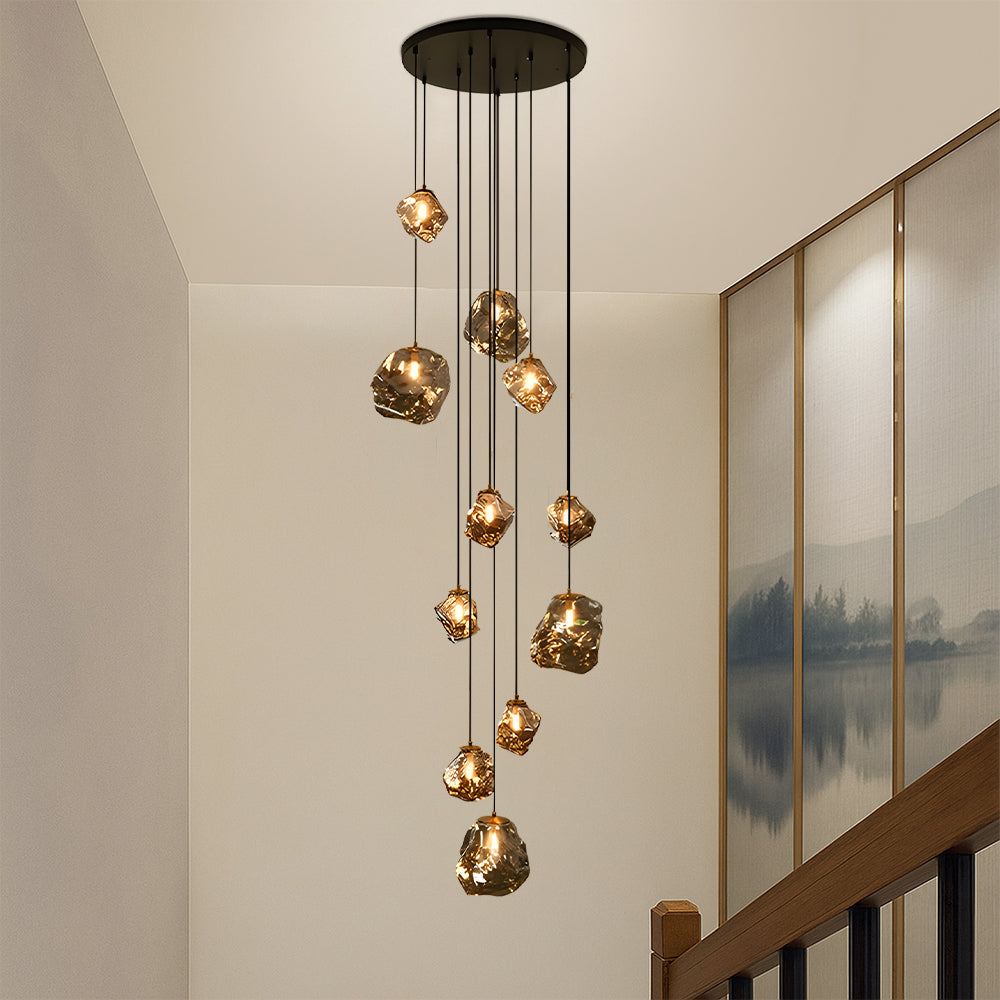 Modern Multi-Light Stairwell Chandelier with Remote – Dimmable LED Cluster Pendant for High Ceilings – Glass Globe Hanging Light | Thomler