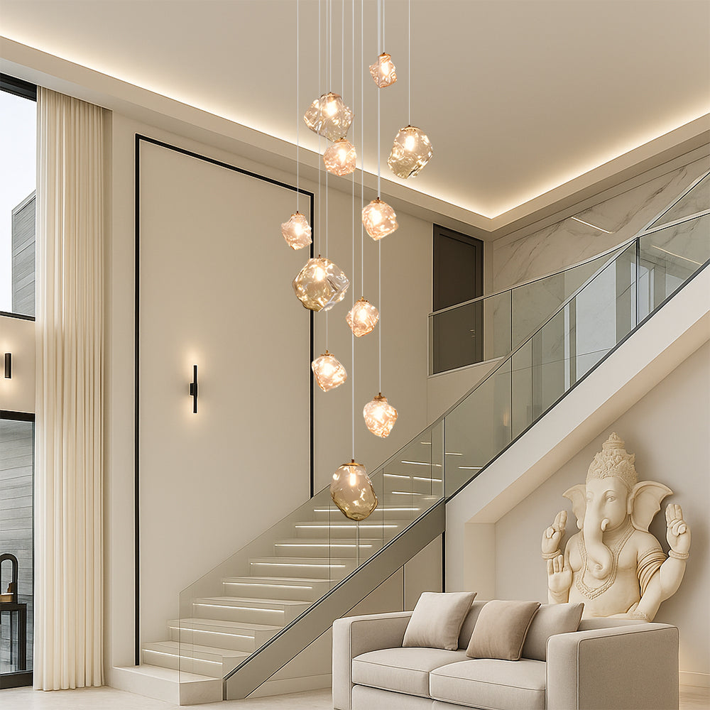 Modern Multi-Light Stairwell Chandelier with Remote – Dimmable LED Cluster Pendant for High Ceilings – Glass Globe Hanging Light | Thomler