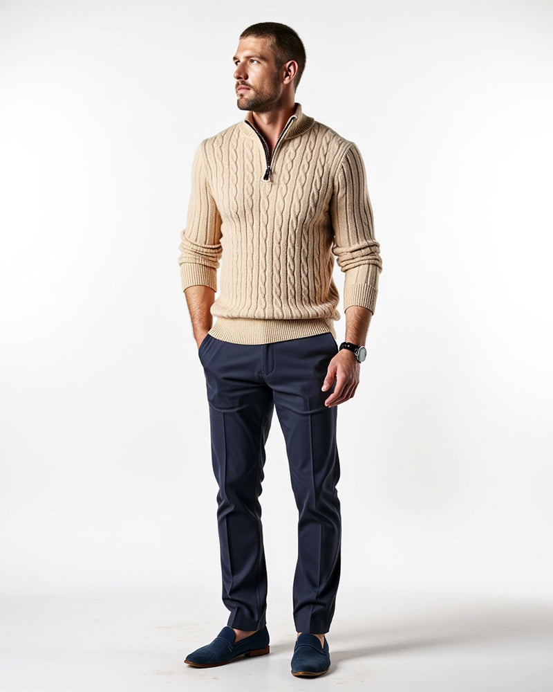 Men's Cable Knit Half-Zip Pullover Sweater – Classic Fit Ribbed Collar Knitwear for Casual & Smart Occasions | Thomler
