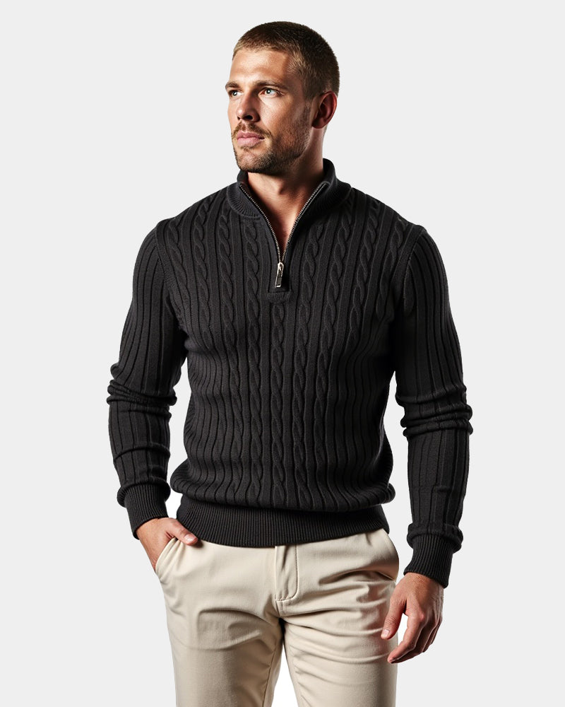 Men's Cable Knit Half-Zip Pullover Sweater – Classic Fit Ribbed Collar Knitwear for Casual & Smart Occasions | Thomler