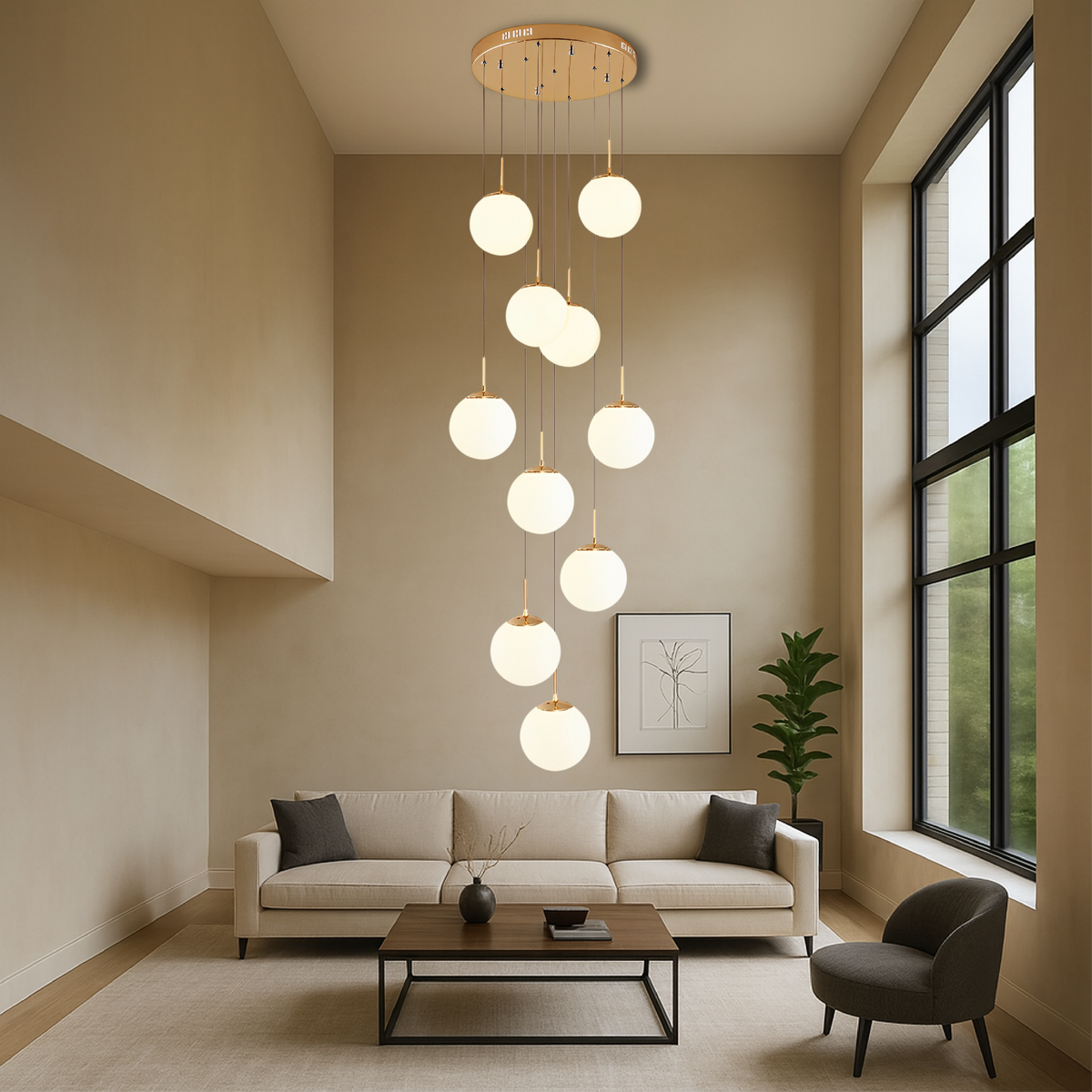 Cascading Glass Globe Chandelier with Adjustable Height LED Stairwell Lighting for Entryways & High Ceilings | Thomler