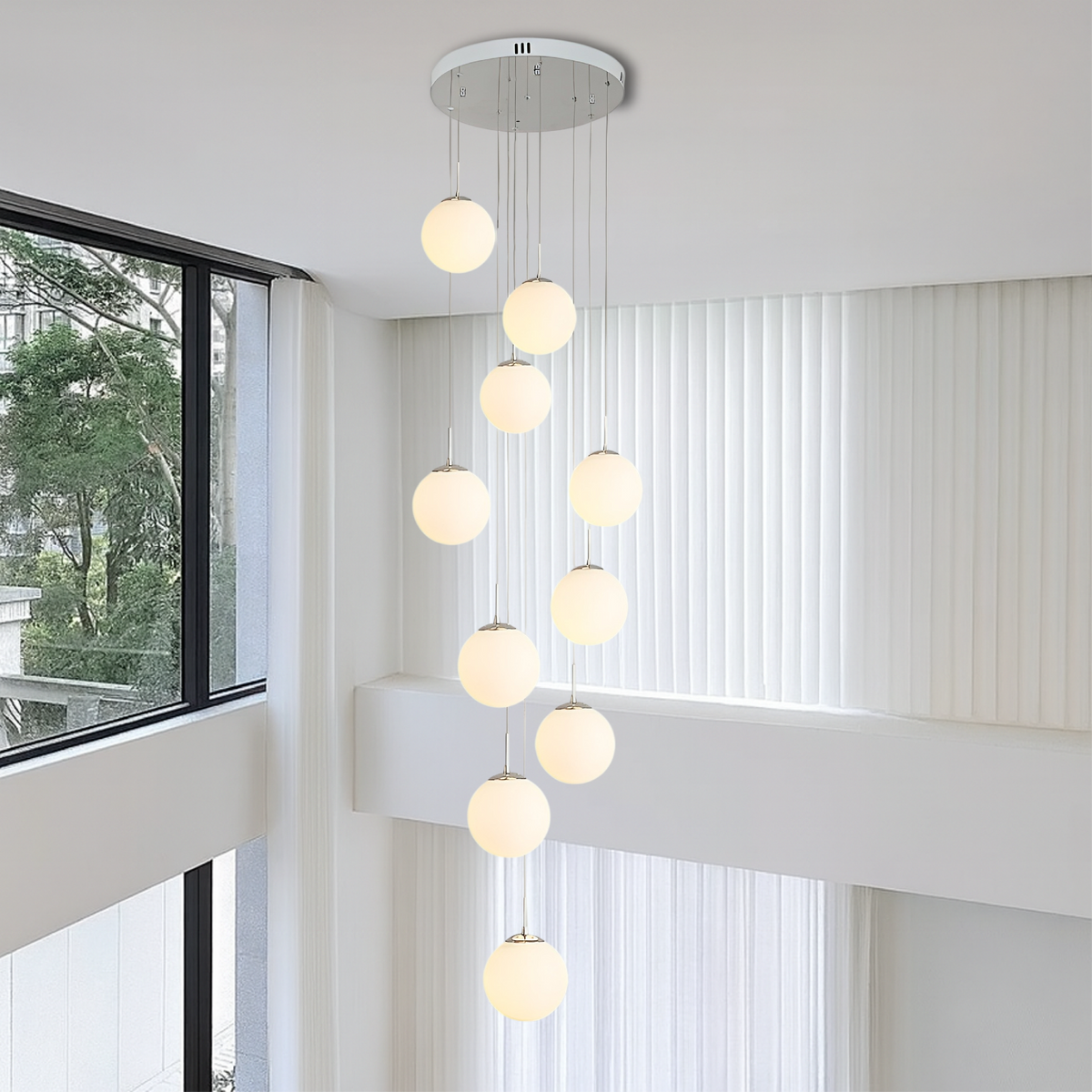 Cascading Glass Globe Chandelier with Adjustable Height LED Stairwell Lighting for Entryways & High Ceilings | Thomler
