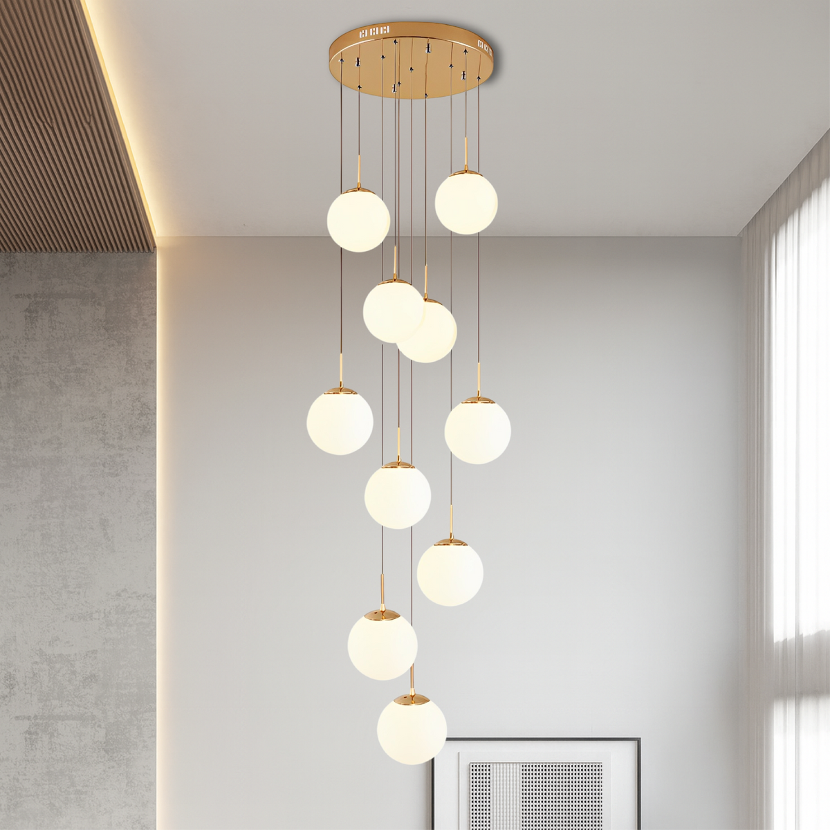 Cascading Glass Globe Chandelier with Adjustable Height LED Stairwell Lighting for Entryways & High Ceilings | Thomler