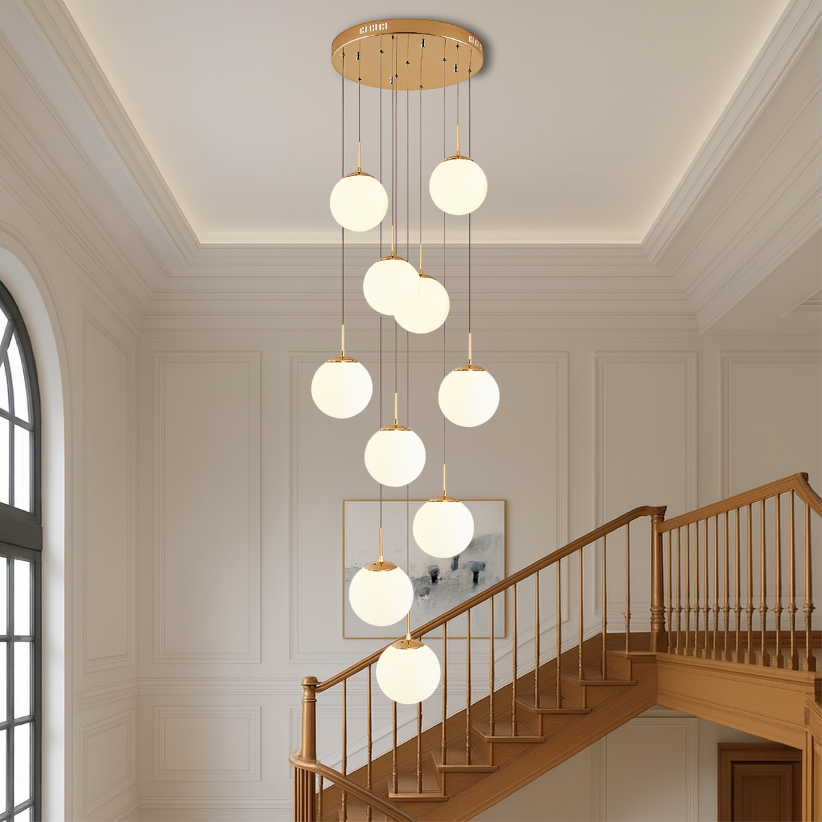 Cascading Glass Globe Chandelier with Adjustable Height LED Stairwell Lighting for Entryways & High Ceilings | Thomler