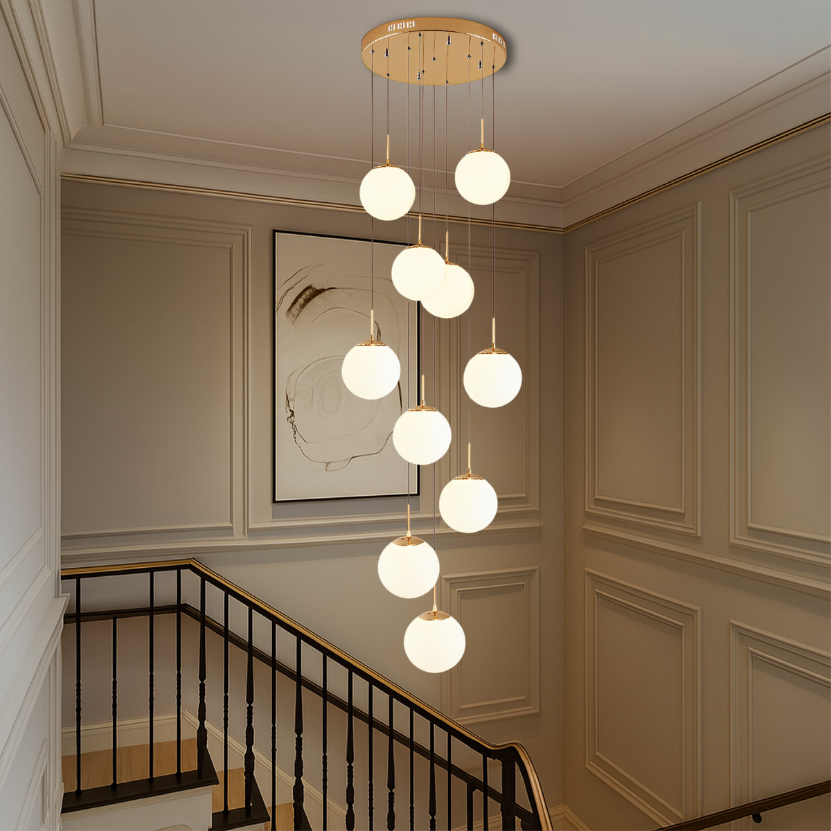 Cascading Glass Globe Chandelier with Adjustable Height LED Stairwell Lighting for Entryways & High Ceilings | Thomler