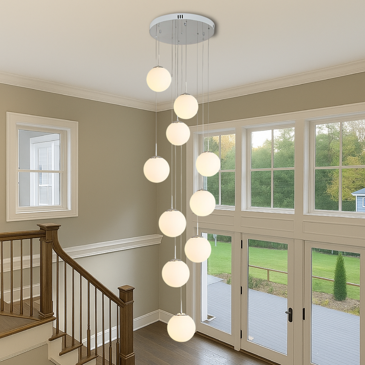 Cascading Glass Globe Chandelier with Adjustable Height LED Stairwell Lighting for Entryways & High Ceilings | Thomler