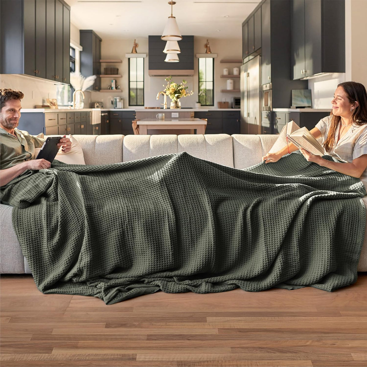 Pure Cotton Thermal Blanket – Queen 90×90 in – Textured Weave Layer for All Seasons – Lightweight & Breathable Throw for Bed or Sofa | Thomler