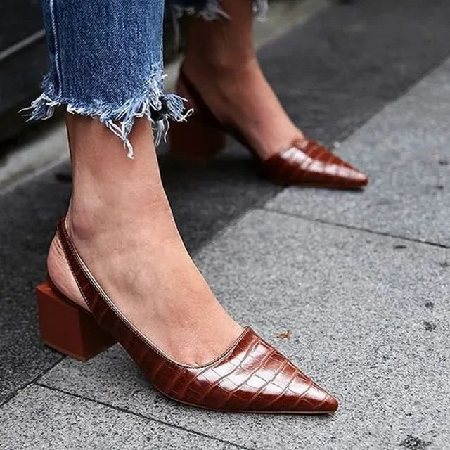Women's Pointed-Toe Slingback Heels with Arch Support Brown Croc-Embossed Footwear for Office Work Professional Occasions All-Day Wear | Thomler
