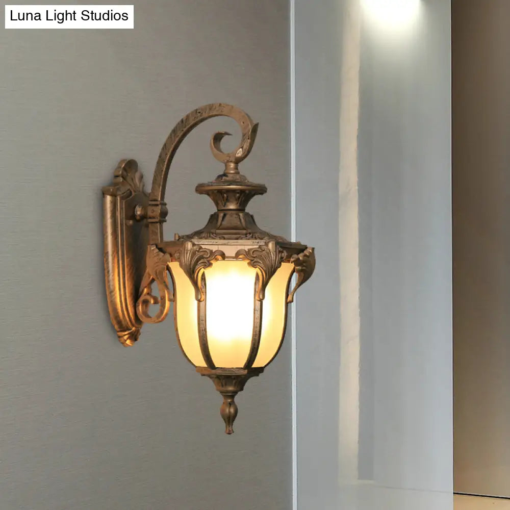 Outdoor Wall Sconce with Curved Arm and Frosted Glass Shade - Porch Lantern for Front Door, Patio, Entryway, or Garage - Vintage Rustic | Thomler