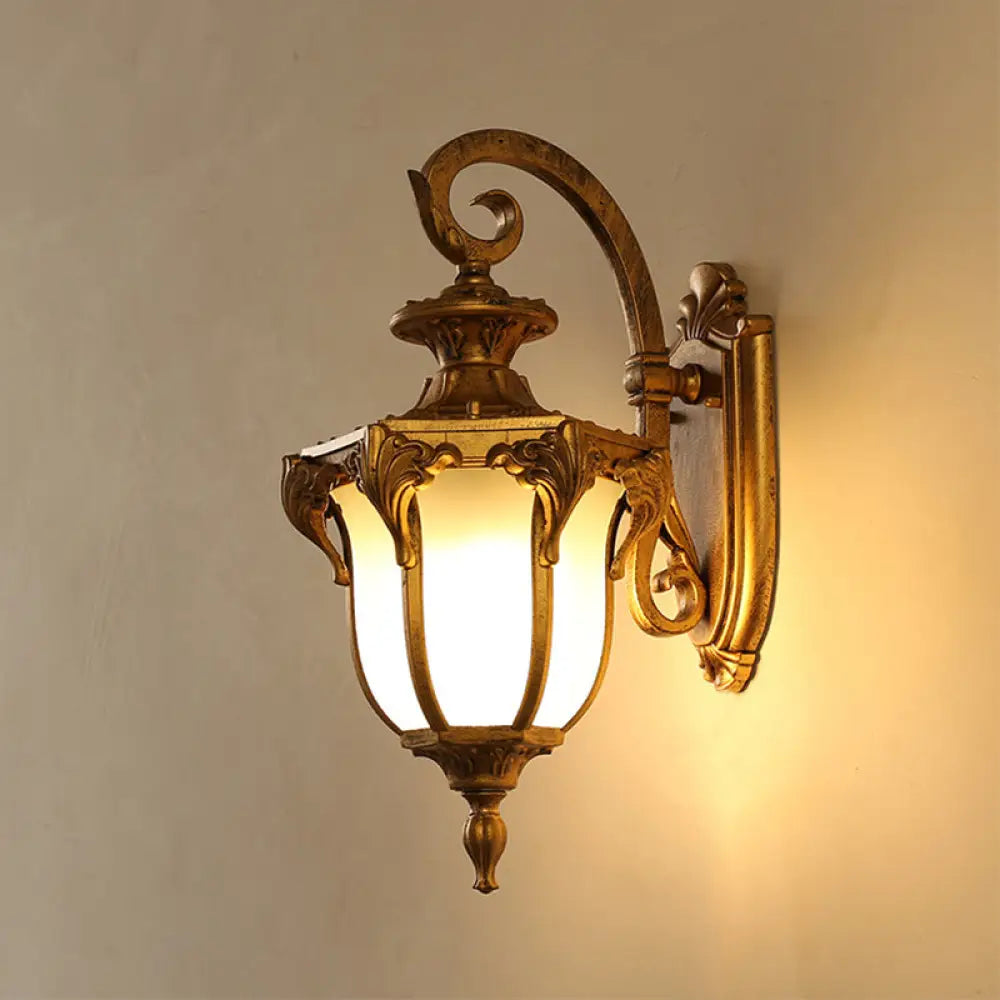 Outdoor Wall Sconce with Curved Arm and Frosted Glass Shade - Porch Lantern for Front Door, Patio, Entryway, or Garage - Vintage Rustic | Thomler