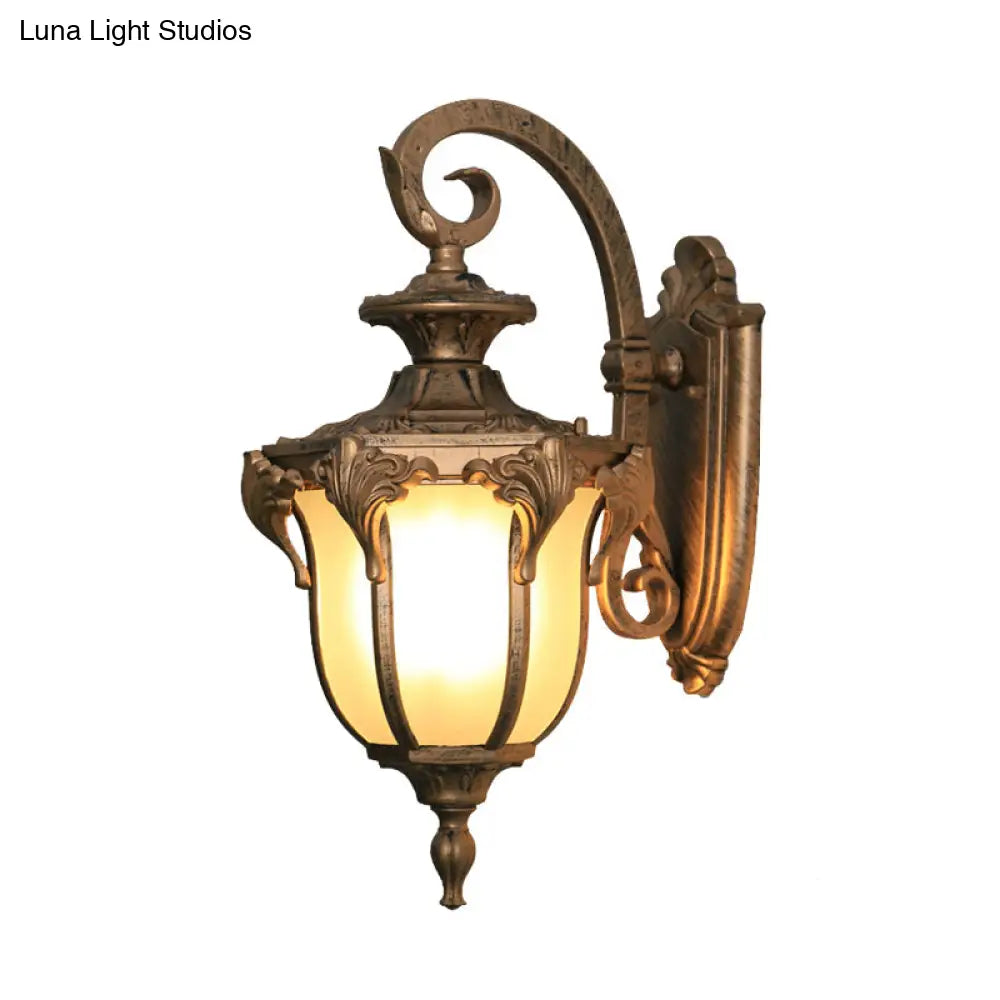 Outdoor Wall Sconce with Curved Arm and Frosted Glass Shade - Porch Lantern for Front Door, Patio, Entryway, or Garage - Vintage Rustic | Thomler