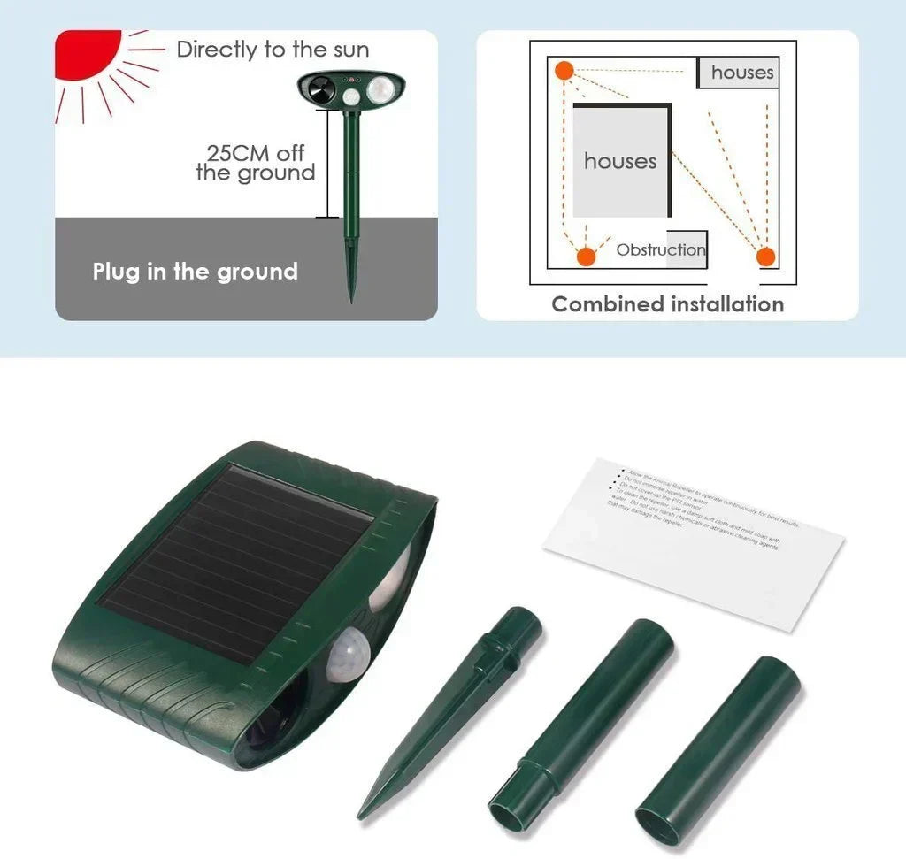 Motion-Activated Animal Deterrent with Solar Panel for Yard Protection | Ultrasonic Pest Control Device for Deer Dogs Raccoons | Thomler