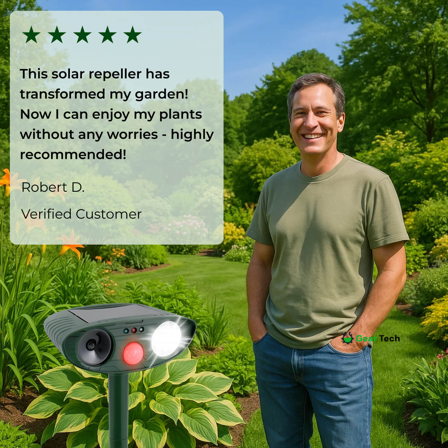 Motion-Activated Animal Deterrent with Solar Panel for Yard Protection | Ultrasonic Pest Control Device for Deer Dogs Raccoons | Thomler