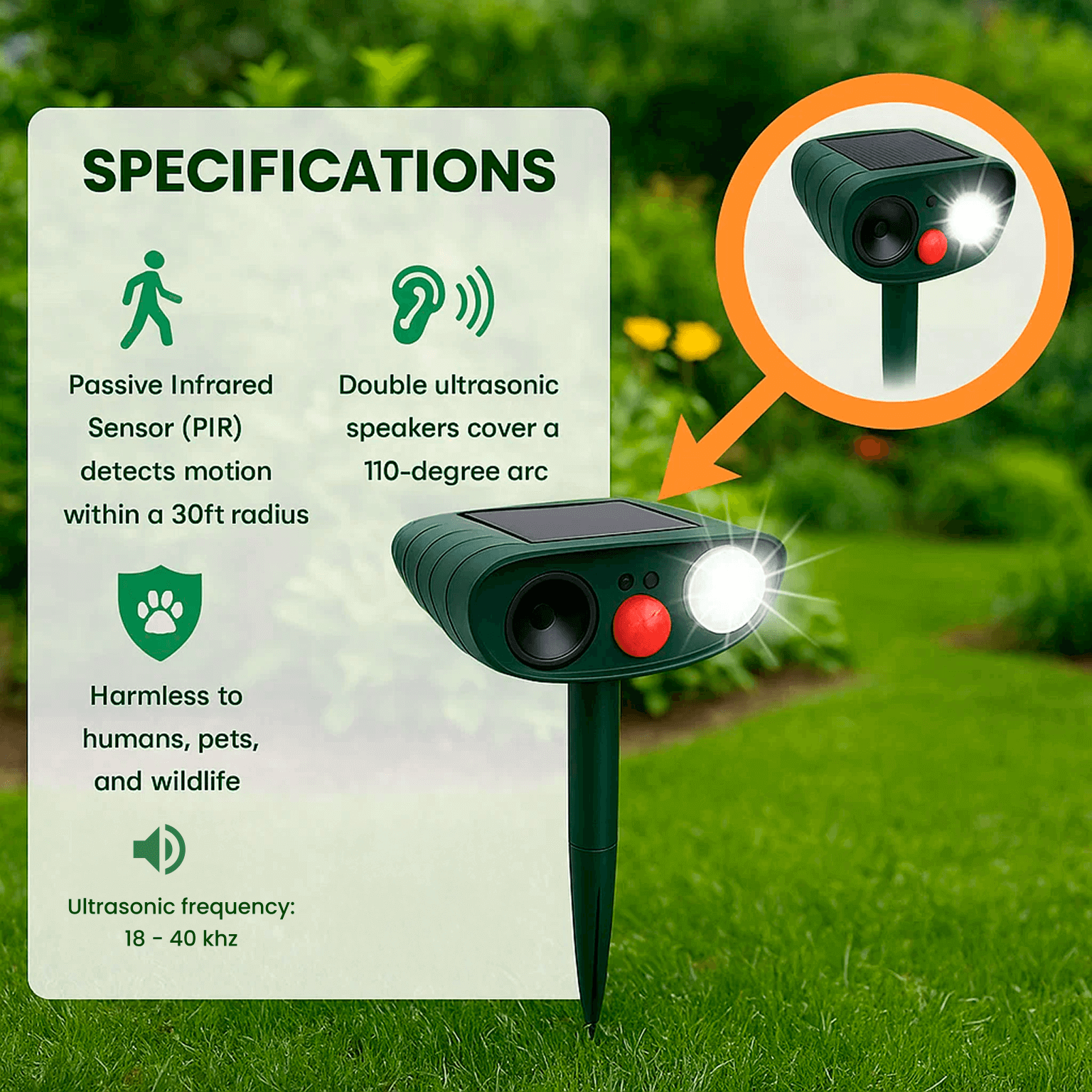 Motion-Activated Animal Deterrent with Solar Panel for Yard Protection | Ultrasonic Pest Control Device for Deer Dogs Raccoons | Thomler