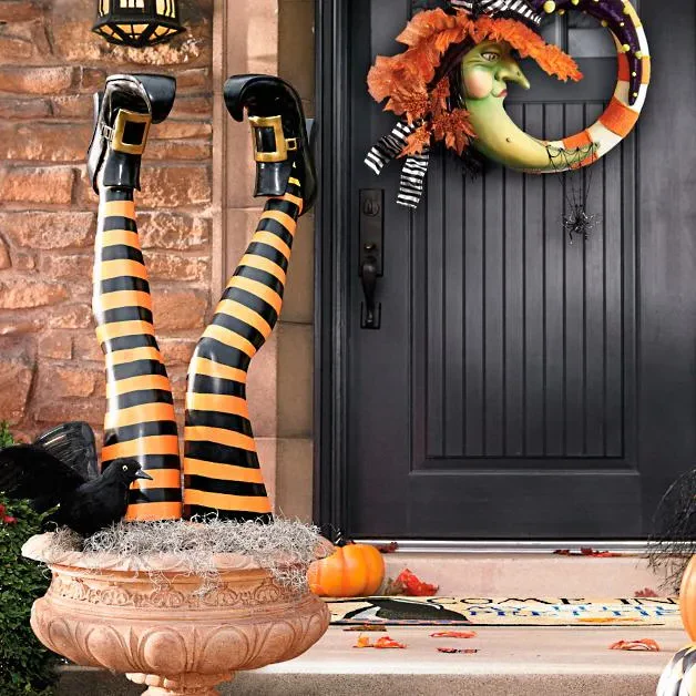 Whimsical Witch Leg Garden Stakes – Striped Boot Yard Decoration – Set of 2 for Halloween Outdoor Display | Thomler