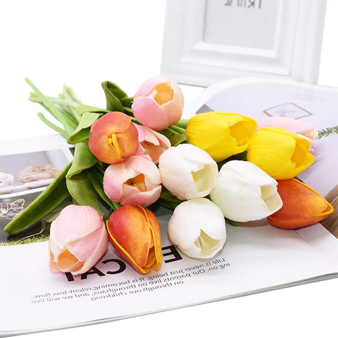 Silk Tulip Stems Set – Lifelike Petals & Leaves – Indoor Decor Arrangement Bouquet – No Watering Required | Thomler