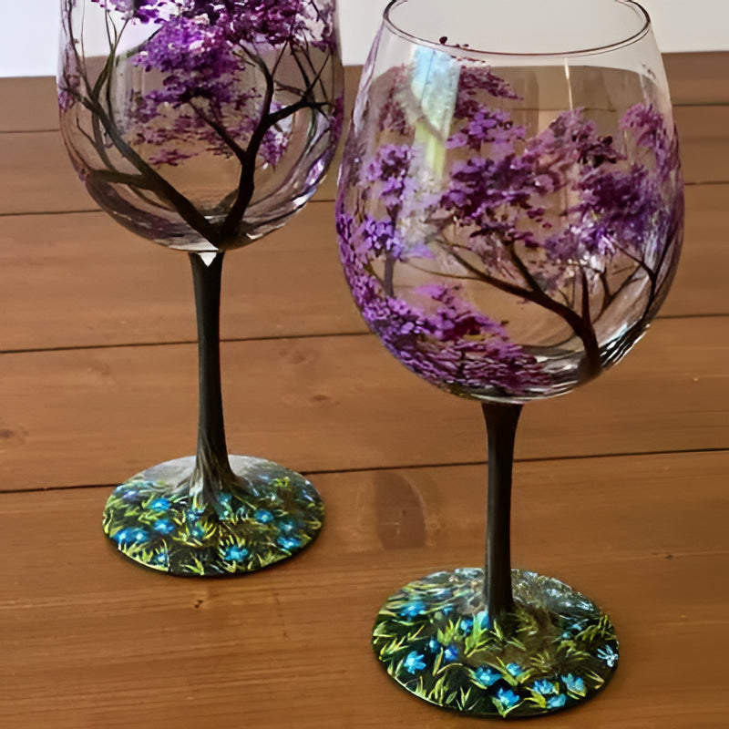 Hand-Painted Seasonal Tree Wine Glass Set – Artistic Stemmed or Stemless Design for Home Entertaining & Collectors | Thomler