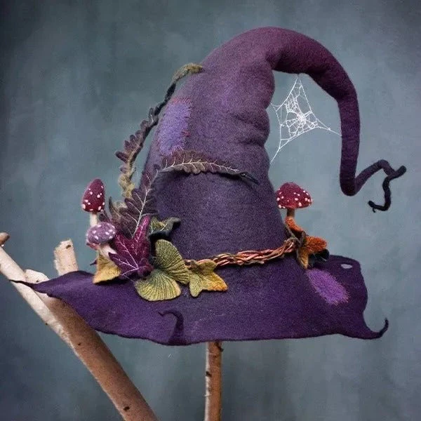 Artisan Felted Witch Hat with Natural Merino Fibers & Botanical Dye Accents – Adjustable Costume Headwear for Spooky Season Celebrations | Thomler