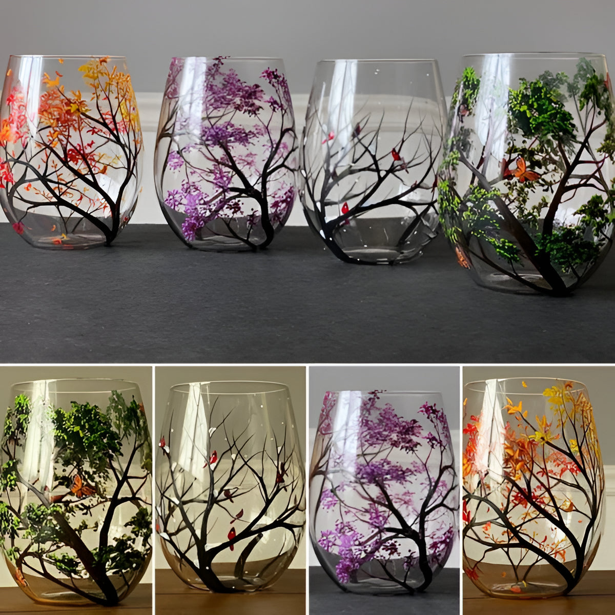 Hand-Painted Seasonal Tree Wine Glass Set – Artistic Stemmed or Stemless Design for Home Entertaining & Collectors | Thomler