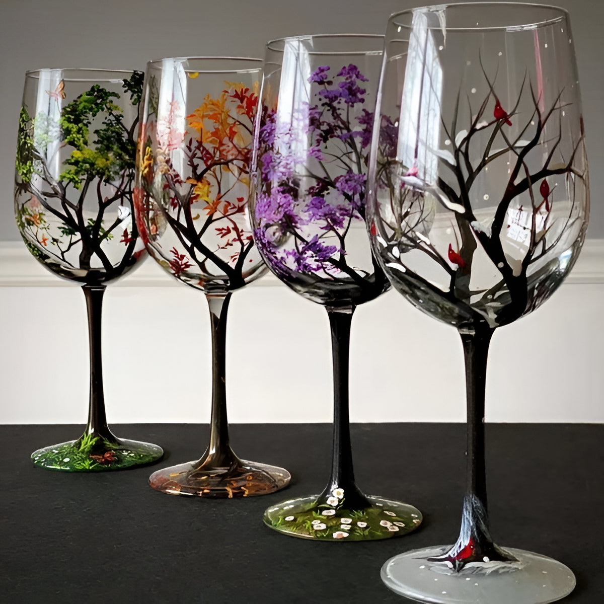Hand-Painted Seasonal Tree Wine Glass Set – Artistic Stemmed or Stemless Design for Home Entertaining & Collectors | Thomler